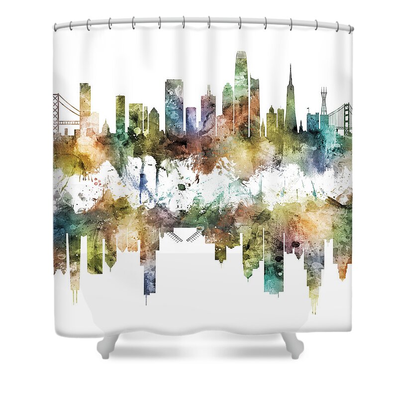 San Francisco Shower Curtain featuring the digital art San Francisco and Chicago Skylines by Michael Tompsett
