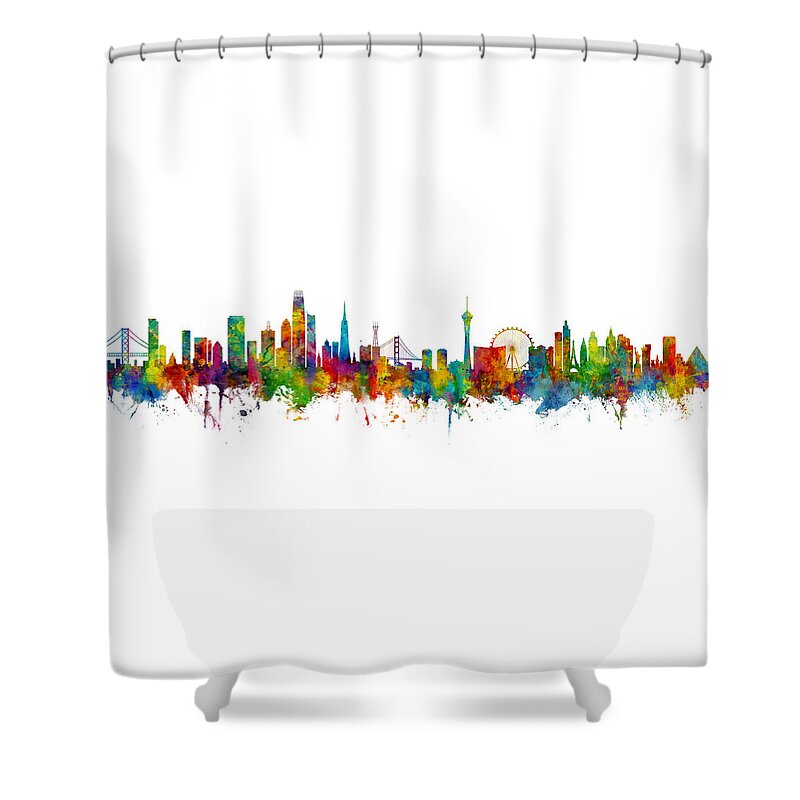 Las Vegas Shower Curtain featuring the digital art San Francisco and Las Vegas Skyline Mashup by Michael Tompsett