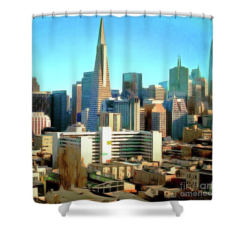 Wingsdomain Shower Curtain featuring the photograph San Francisco Downtown Financial District Cityscape Panorama With Bay Bridge R1814 Painterly Square by Wingsdomain Art and Photography
