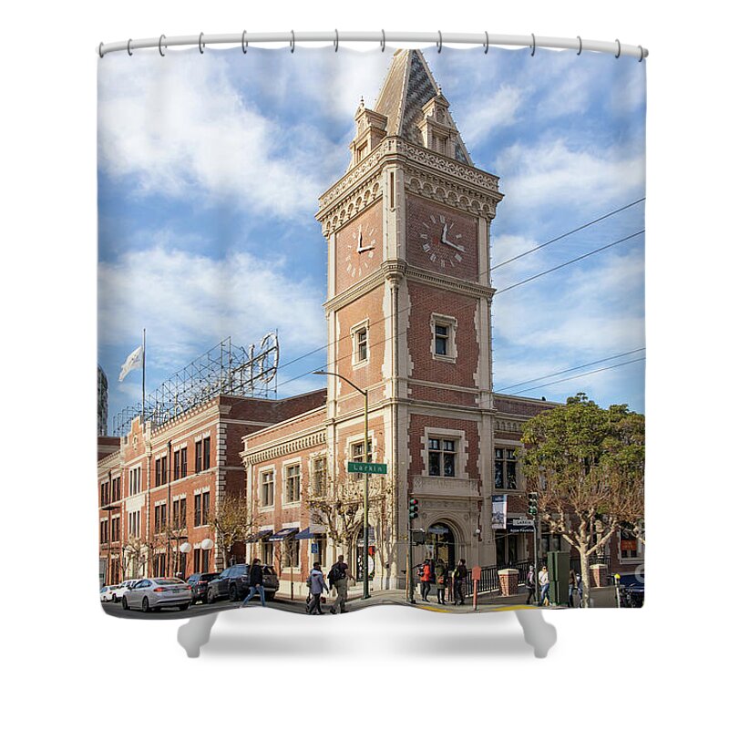 Wingsdomain Shower Curtain featuring the photograph San Francisco Ghirardelli Chocolate Factory And Clock Tower R1776 by Wingsdomain Art and Photography