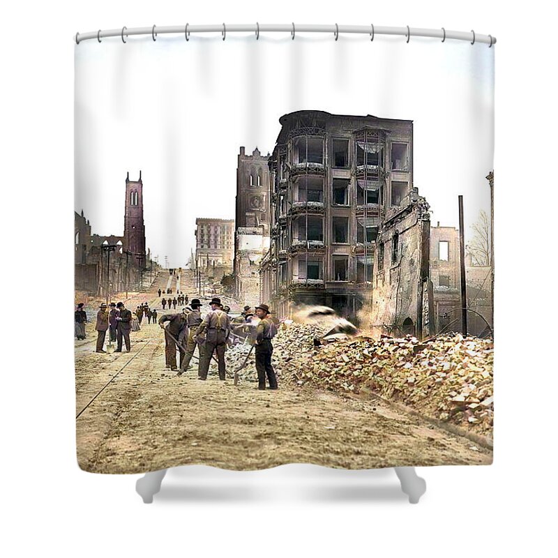 Wingsdomain Shower Curtain featuring the photograph San Francisco Great Earthquake of 1906 Colorized 20210406 by Wingsdomain Art and Photography