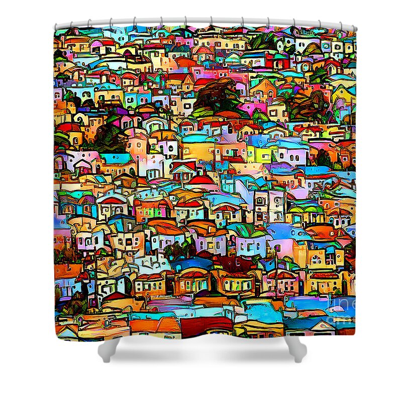 Wingsdomain Shower Curtain featuring the mixed media San Francisco Houses In The Hills Vibrant And Playful 20220806 by Wingsdomain Art and Photography