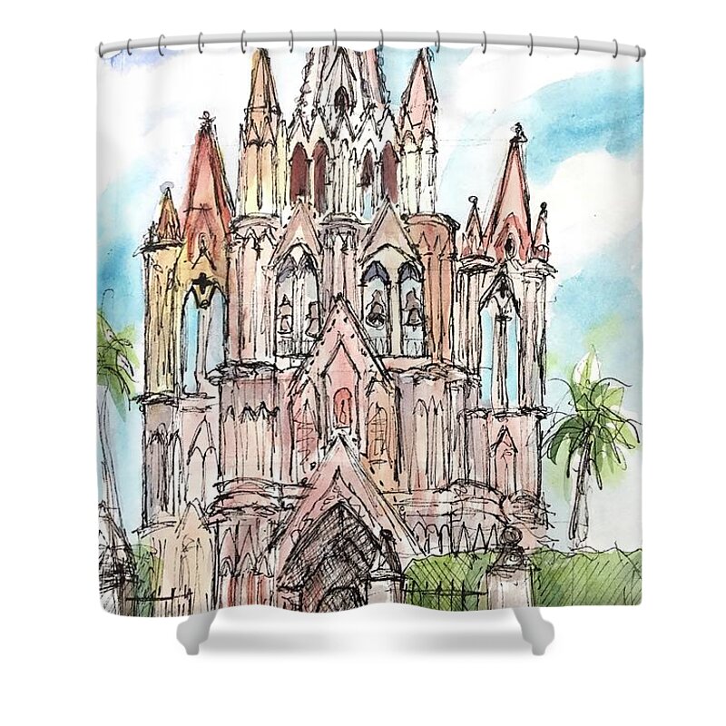 San Miguel De Allende Shower Curtain featuring the painting San Miguel de Allende Cathedral by Liana Yarckin