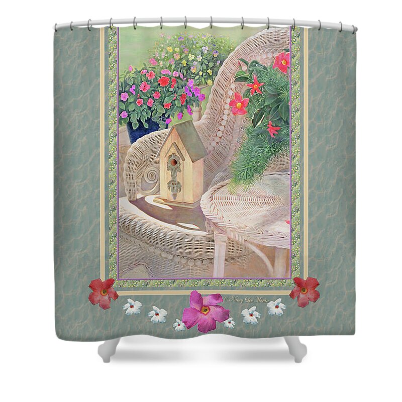 Borders Shower Curtain featuring the mixed media Sanctuary of a Garden Room by Nancy Lee Moran