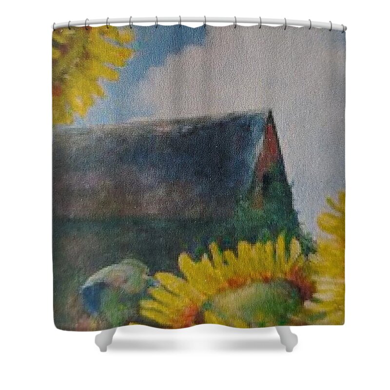 Sunflowers Shower Curtain featuring the painting Sand Mountain Sunflowers by ML McCormick