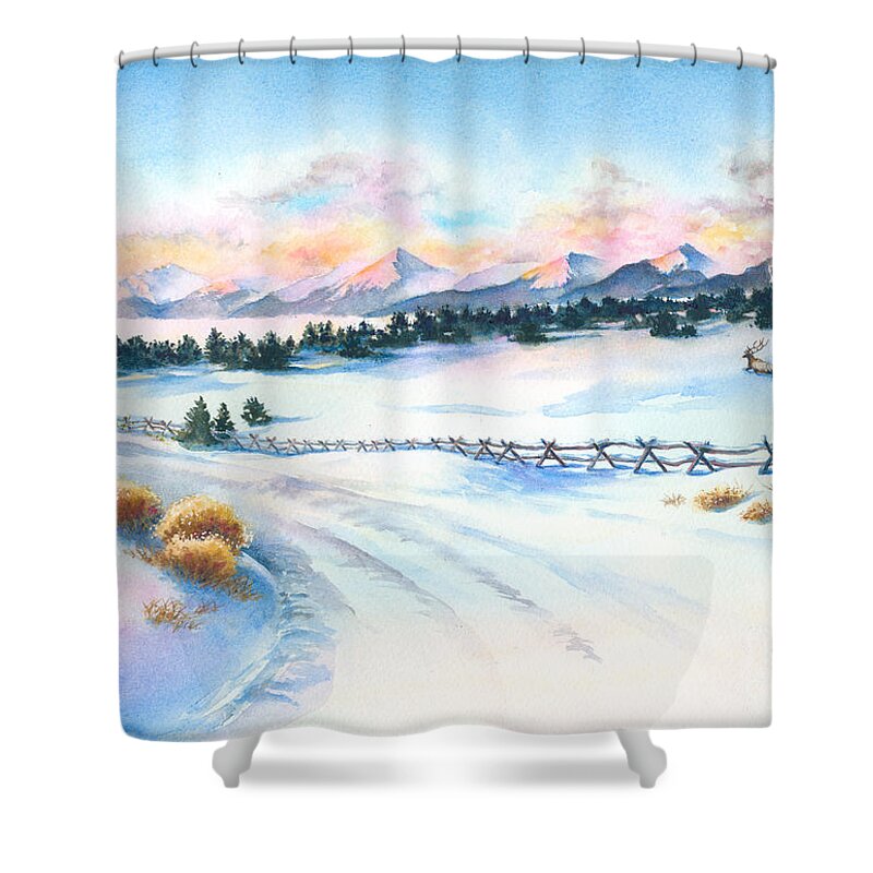 This Was My View Early One Cold Shower Curtain featuring the painting Sangres Sunrise by Jill Westbrook