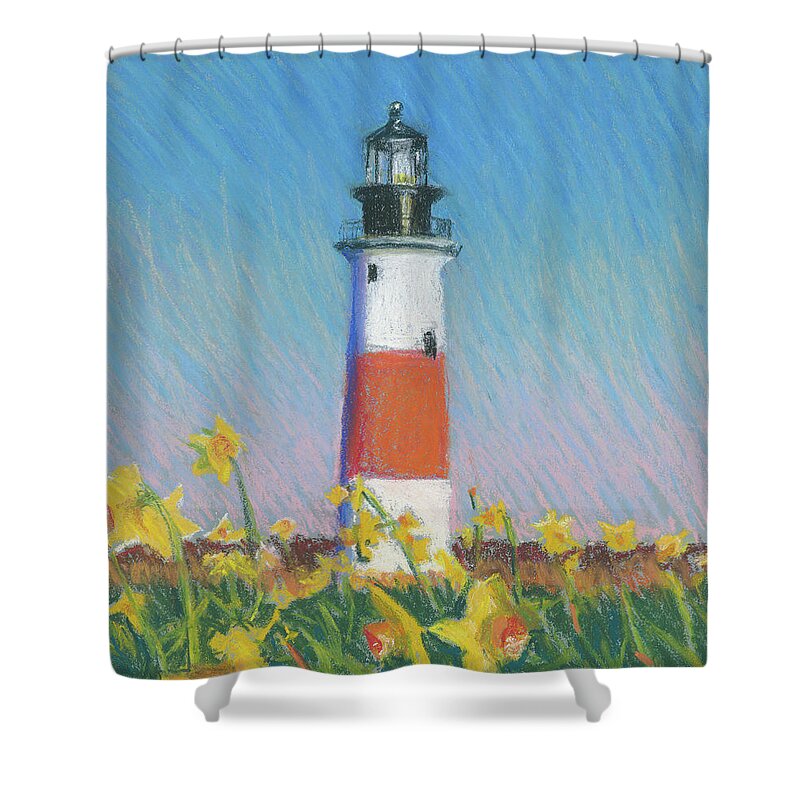 Sankaty Daffodil Lighthouse Shower Curtain featuring the painting Sankaty Daffodil Lighthouse by Candace Lovely