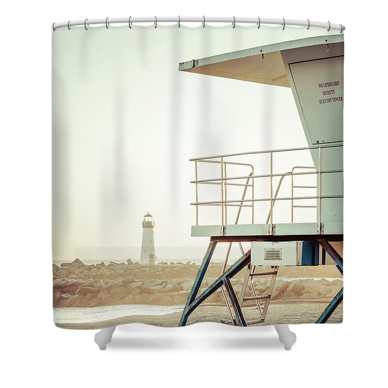 America Shower Curtain featuring the photograph Santa Cruz Beach Lifeguard Station and Lighthouse Photo by Paul Velgos