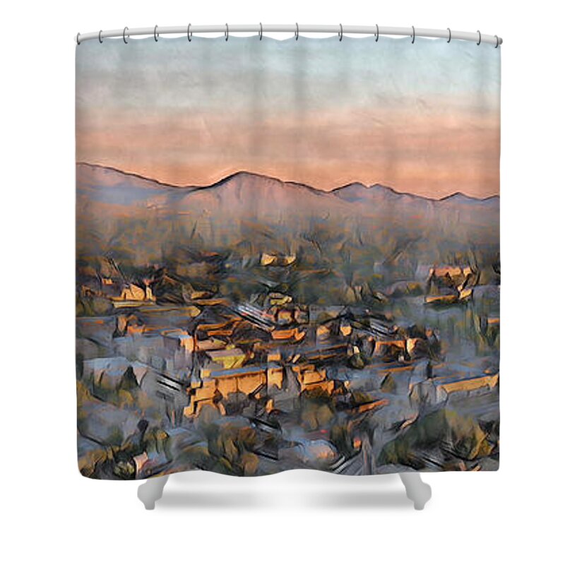 Southwest Shower Curtain featuring the photograph Santa Fe Sunset Panorama by Aerial Santa Fe