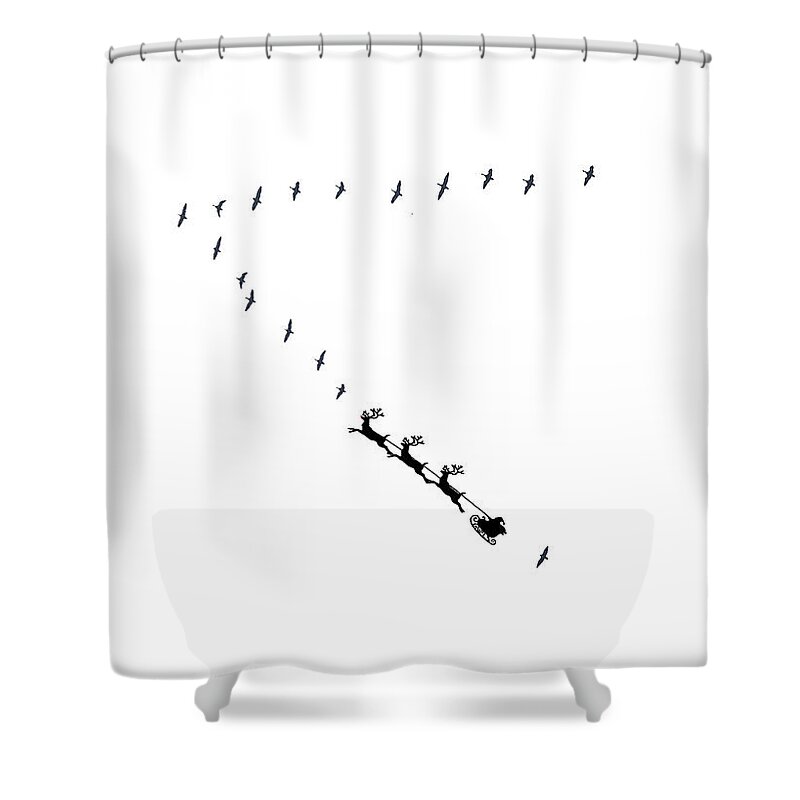Canada Geese Shower Curtain featuring the mixed media Santa Flies in Formation by Moira Law