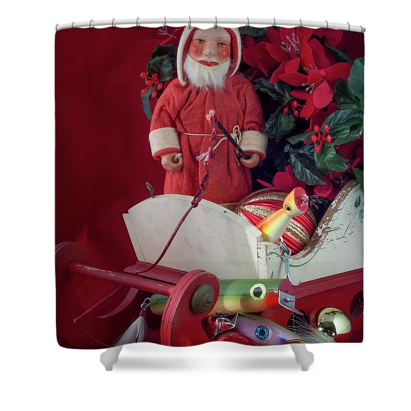 Fishing Lure Shower Curtain featuring the photograph Santa with presents for the fisherman by Cordia Murphy