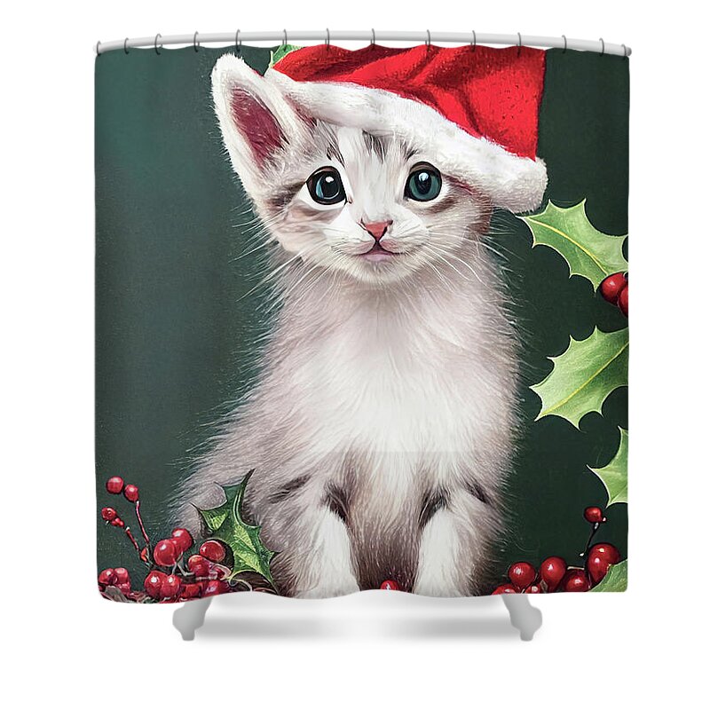 White Kitten Shower Curtain featuring the painting Santa's Little Helper Kitten by Tina LeCour