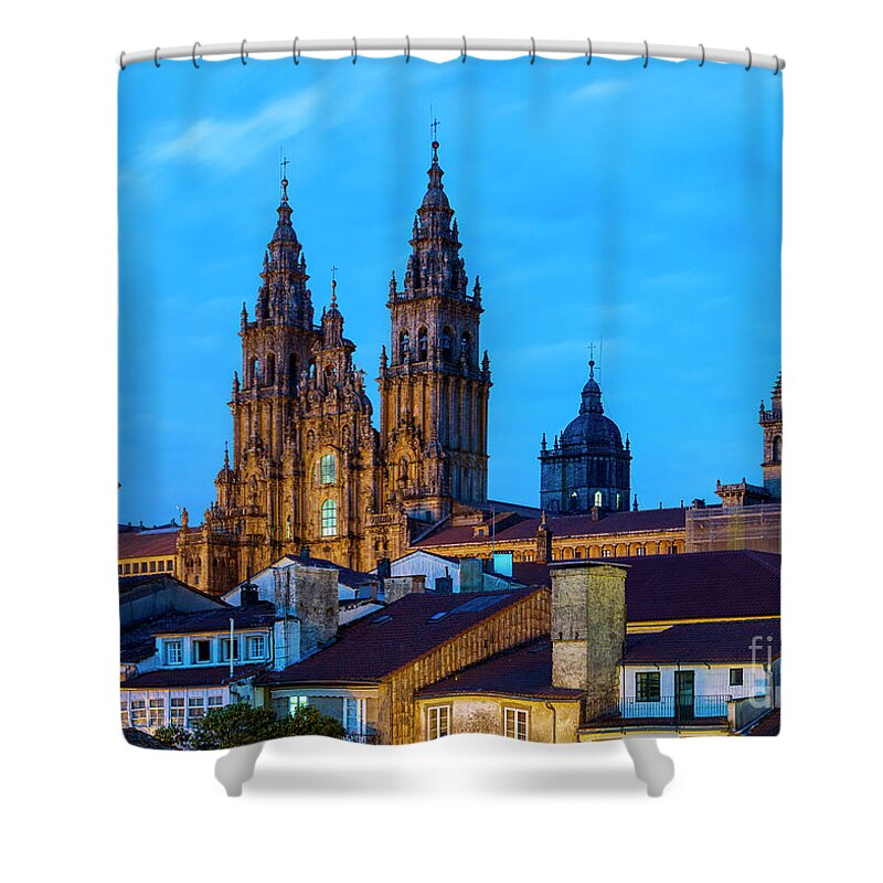 Way Shower Curtain featuring the photograph Santiago de Compostela Cathedral Spectacular View by Night and Tiled Roofs La Coruna Galicia by Pablo Avanzini