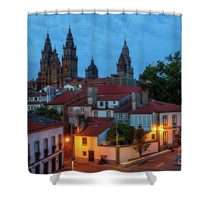 Way Shower Curtain featuring the photograph Santiago de Compostela Cathedral Spectacular View by Night Dusk with Street Lights and Tiled Roofs La Corua Galicia by Pablo Avanzini