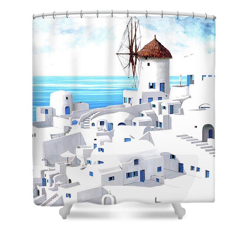 Santorini Shower Curtain featuring the painting SANTORINI DWELLINGS Original View-Prints of my Oil Paintings by Mary Grden