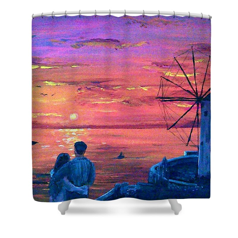 Greece Shower Curtain featuring the painting Santorini Sunset by Sophia Gaki Artworks
