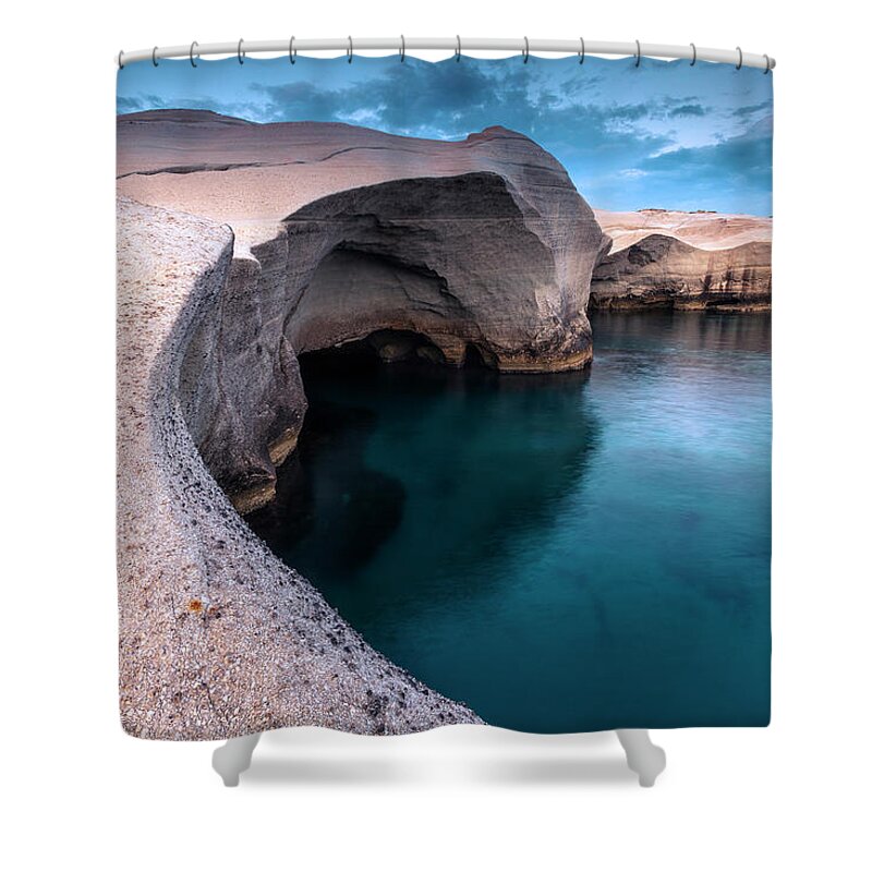 Aegean Sea Shower Curtain featuring the photograph Sarakiniko by Evgeni Dinev