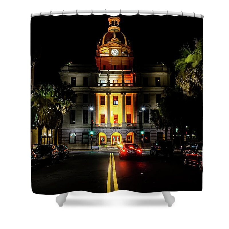 Savannah Shower Curtain featuring the photograph Savannah City Hall at night by Kenny Thomas
