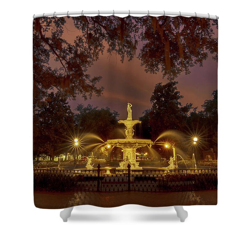 Savannah Forsyth Park Shower Curtain featuring the photograph Savannah Forsyth Park Fountain Sunset by Norma Brandsberg