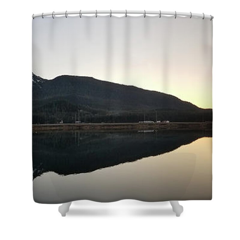 #alaska #juneau #ak #cruise #tours #vacation #peaceful #reflection #douglas #capitalcity #clearskies #postcard #evening #dusk #sunset #twinlakes #eagandrive Shower Curtain featuring the photograph Saw-Toothed Douglas by Charles Vice