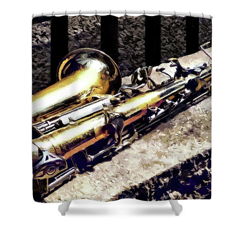 Saxophone Shower Curtain featuring the photograph Saxophone on Wall by Susan Savad