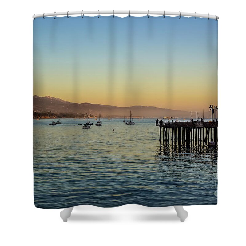 Sunset Shower Curtain featuring the photograph SB Wharf And Boats At Sunset by Suzanne Luft