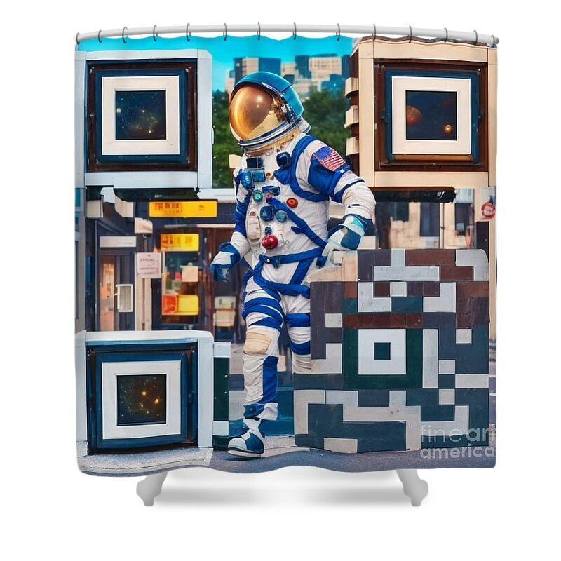 Astronaut Art Shower Curtain featuring the mixed media Scan this QR code to Unveil the Message - Scannable Astronaut QR Code Artwork by Artvizual