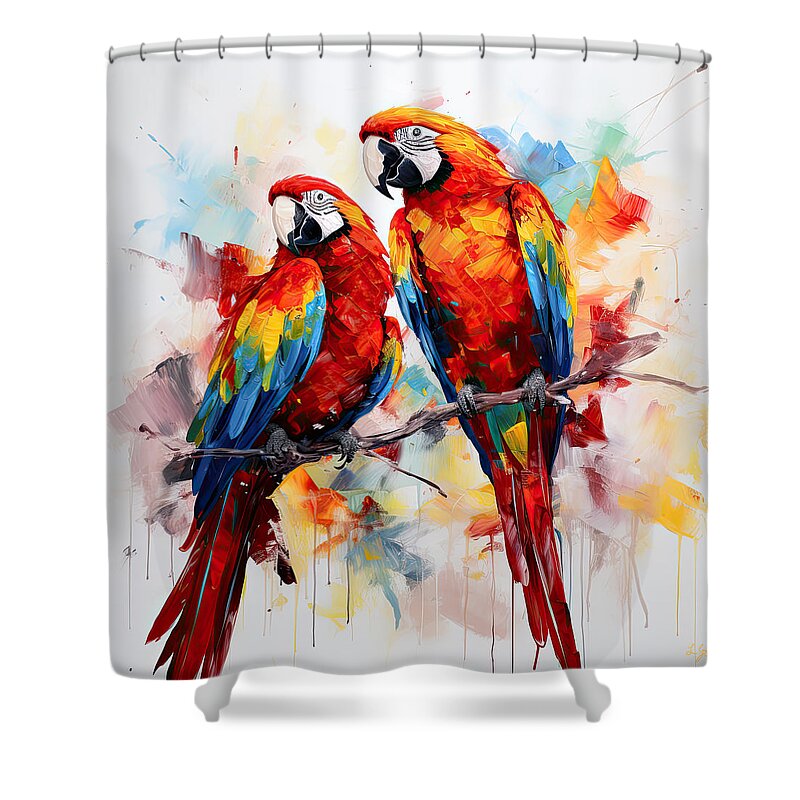Parrot Shower Curtain featuring the digital art Scarlet Macaw by Lourry Legarde