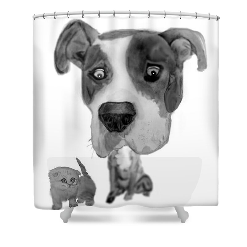 Pitbull Kitten Sketch Pencil Charcoal Shower Curtain featuring the mixed media Scarycat by Pamela Calhoun