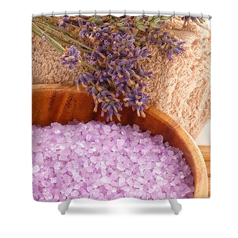 Accessories Shower Curtain featuring the photograph Scented Lavender Bath Salts and Aromatherapy Accessories by Olivier Le Queinec