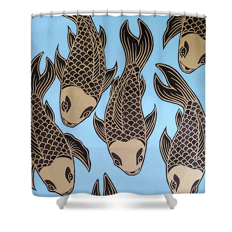 Koi Fish Gold Light Blue Shower Curtain featuring the painting School in Gold by Bryon Stewart