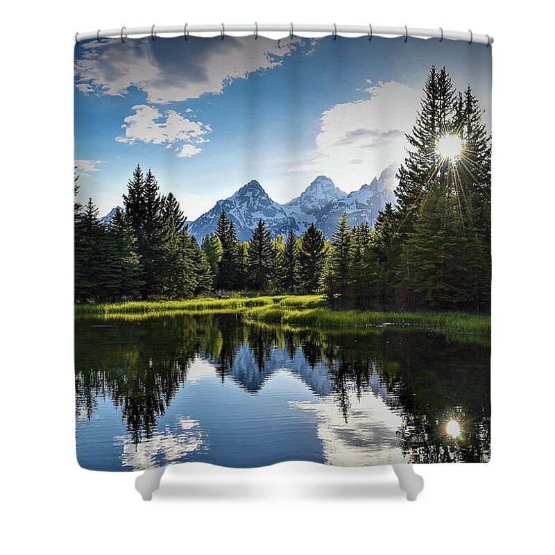Grand Teton National Park Shower Curtain featuring the photograph Schwabacher Landing Reflections by Lynn Thomas Amber