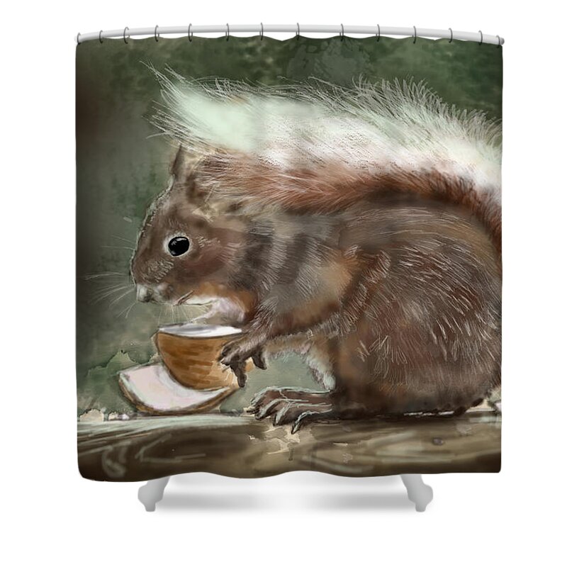 #scottishwildlife #animalportrait #rebelle #watercolor Shower Curtain featuring the digital art Sciurus Vulgaris- Scottish Red Squirrel by Rob Hartman