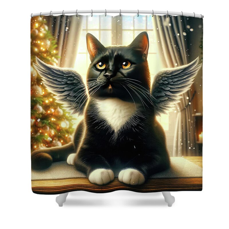 Cat Shower Curtain featuring the digital art Scooter Heavenly Christmas by Bill and Linda Tiepelman
