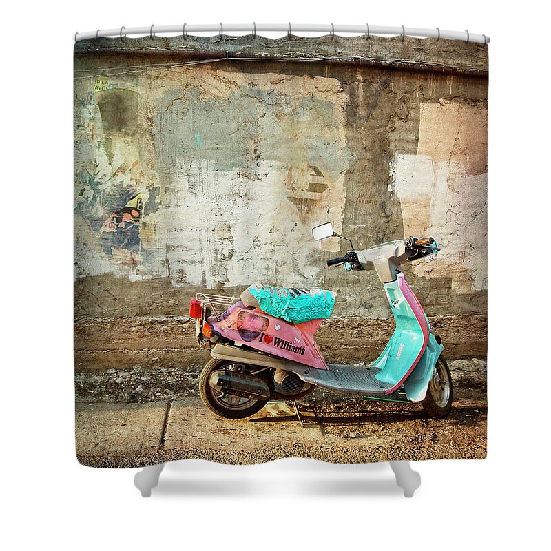 2 Wheels Shower Curtain featuring the photograph Scootin' by Carmen Kern