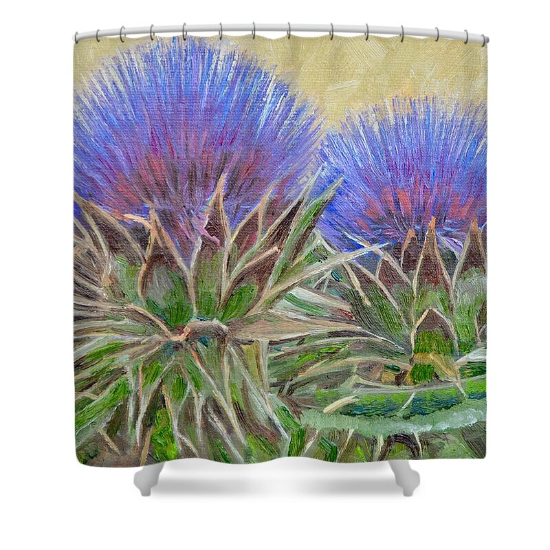 Thistles Shower Curtain featuring the painting Scotch Thistle Geometric Patterns by Dai Wynn