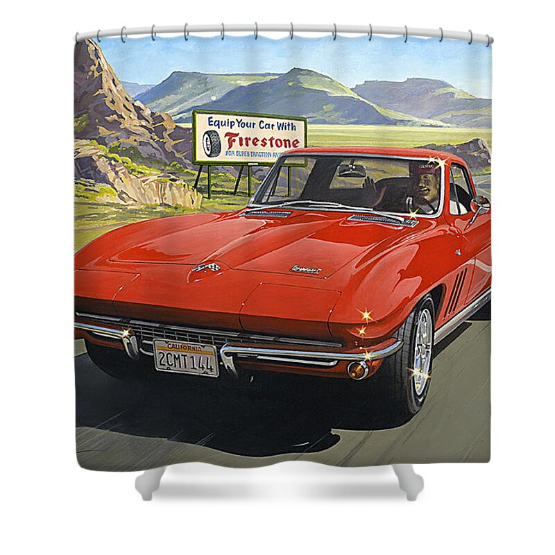 Drag Racing Nhra Top Fuel Funny Car John Force Kenny Youngblood Nitro Champion March Meet Images Image Race Track Fuel Corvette Rt 66 Firestone Signs Shower Curtain featuring the painting Scott's Vette by Kenny Youngblood
