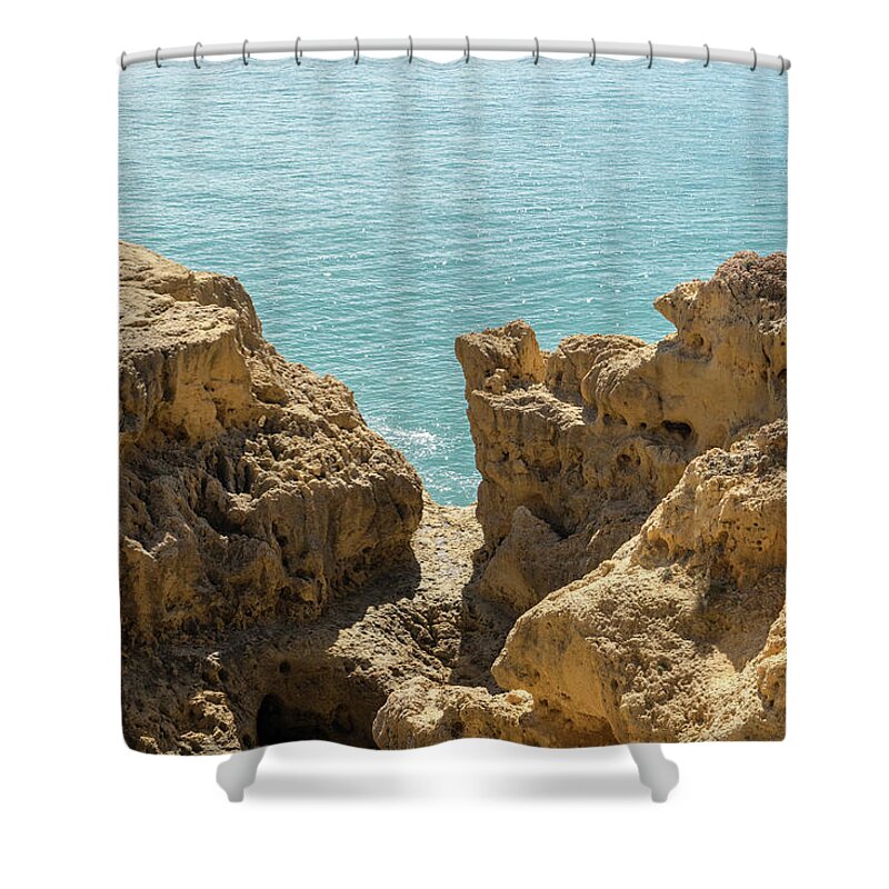 Sea Sculpted Shower Curtain featuring the photograph Sculpted Clifftops - Carvoeiro Algarve Gold Coast in Portugal by Georgia Mizuleva
