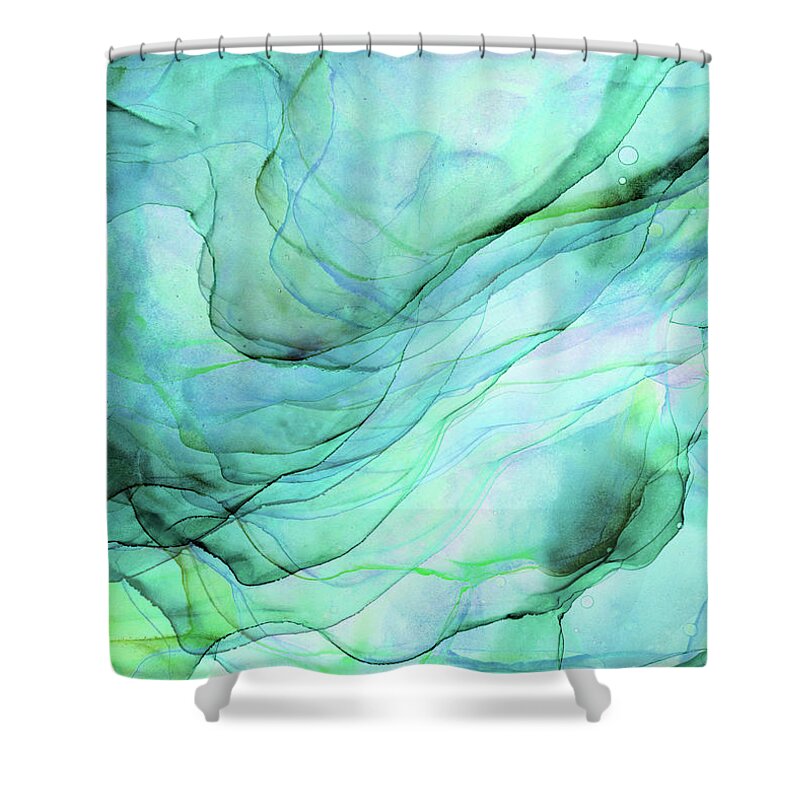 Sea Green Shower Curtain featuring the painting Sea Green Flowing Abstract Ink by Olga Shvartsur