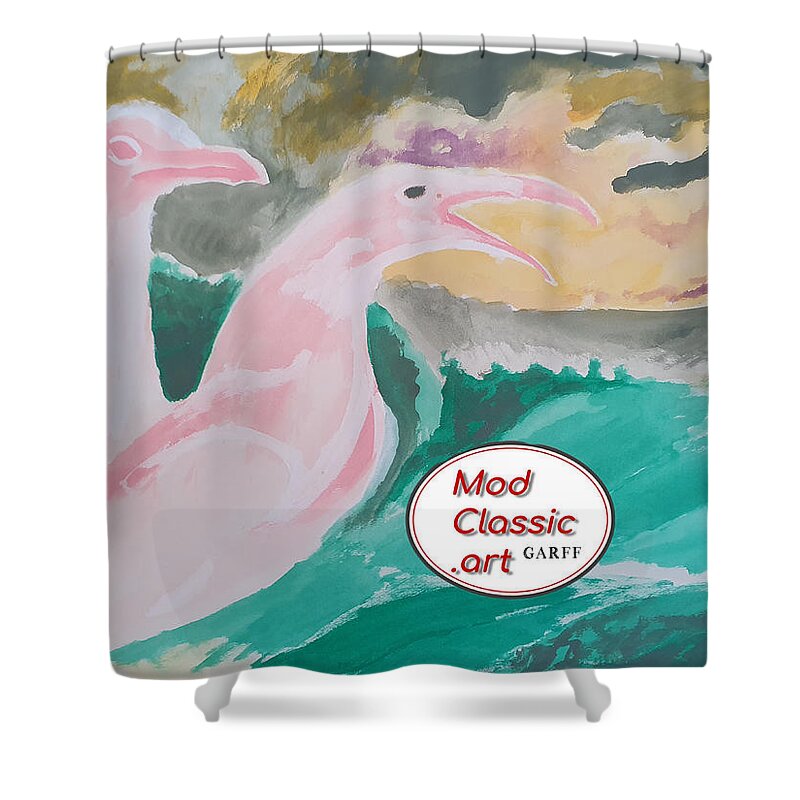 Seagulls Shower Curtain featuring the painting Sea Gulls with Waves ModClassic Art by Enrico Garff
