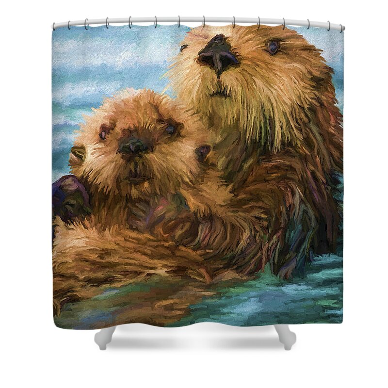Animal Shower Curtain featuring the painting Sea Otter Mom and Pup by David Wagner