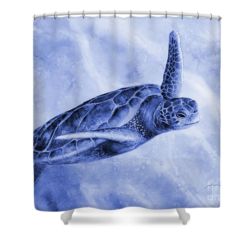 Mono Shower Curtain featuring the painting Sea Turtle 2 in Blue by Hailey E Herrera