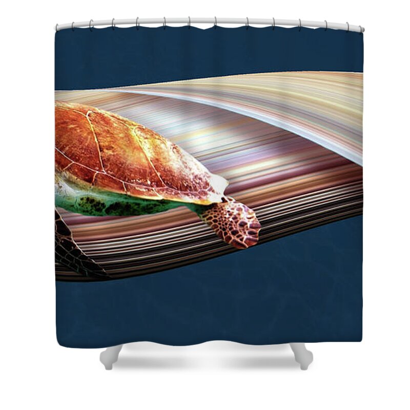 Turtle Shower Curtain featuring the digital art Sea Turtle Pixel Stretch by Pelo Blanco Photo