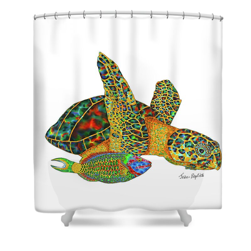  Shower Curtain featuring the painting Sea Turtle white background by Daniel Jean-Baptiste