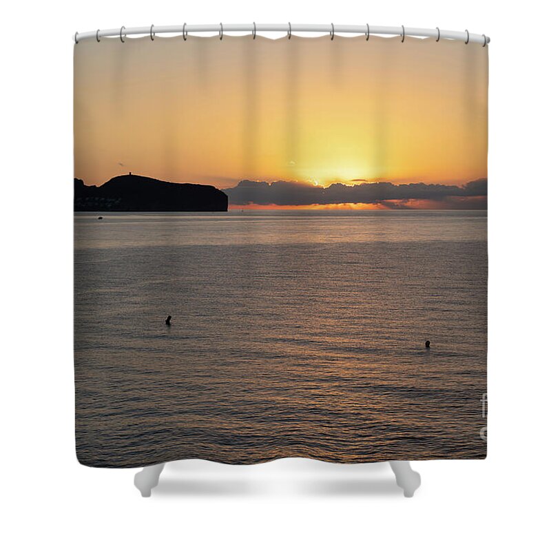 Mediterranean Sea Shower Curtain featuring the photograph Sea water and golden sky at sunrise, Mediterranean coast by Adriana Mueller
