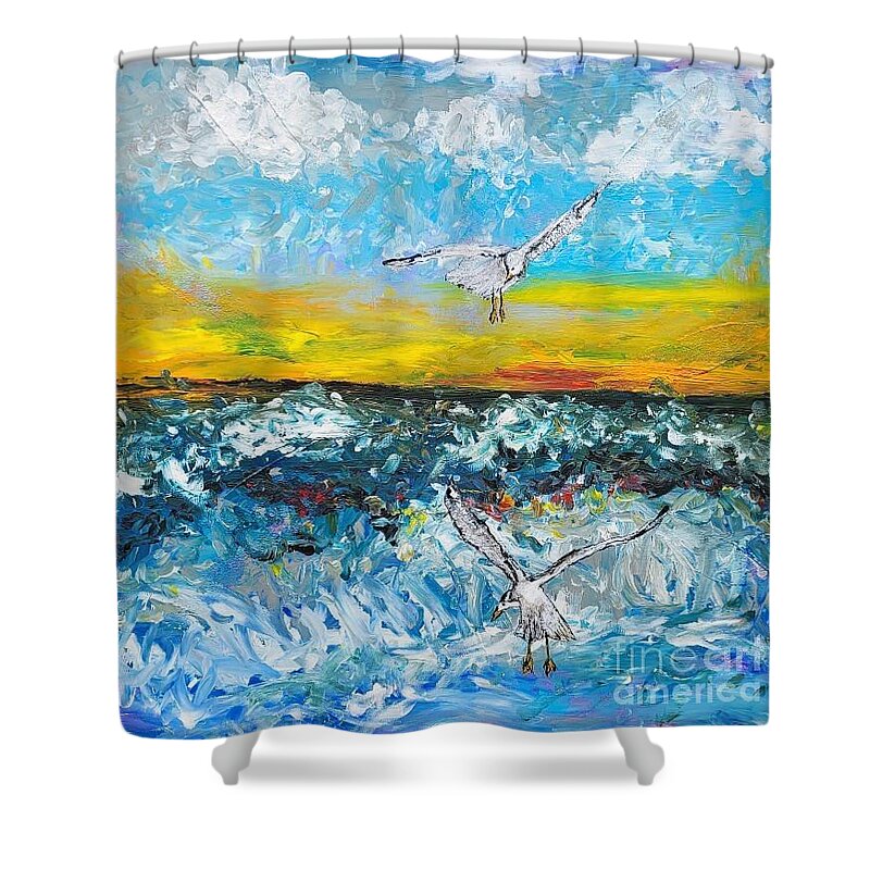  Shower Curtain featuring the painting Seagulls, Dawn, Vero Beach by Mark SanSouci
