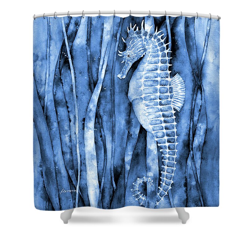 Seahorse Shower Curtain featuring the painting Seahorse in Blue2 by Hailey E Herrera