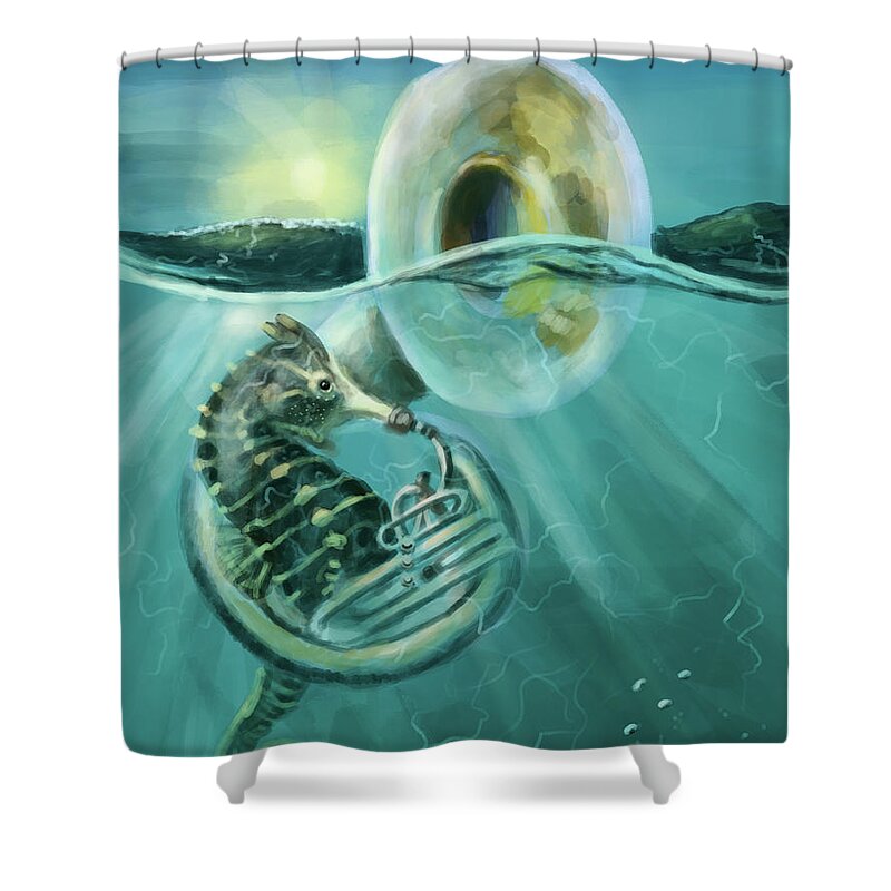 Art For Kids Shower Curtain featuring the digital art Seahorse Sousaphone by Larry Whitler