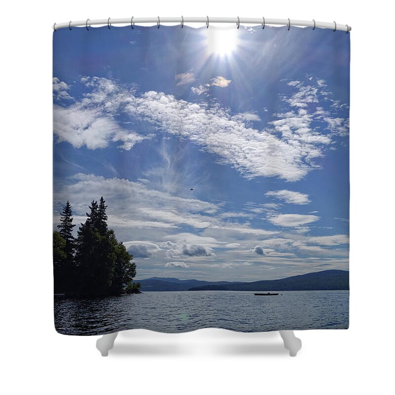 Lake Shower Curtain featuring the photograph Seaplane, Sun and Clouds Over Lake by Russel Considine