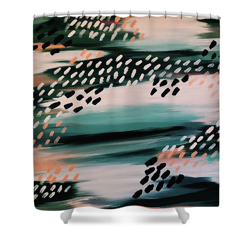 Coral Navy Seaside Beach Abstract Dots White Contrast Home Decor Painting Bright Vibrant Beach Shower Curtain featuring the painting Seaside by Meredith Palmer